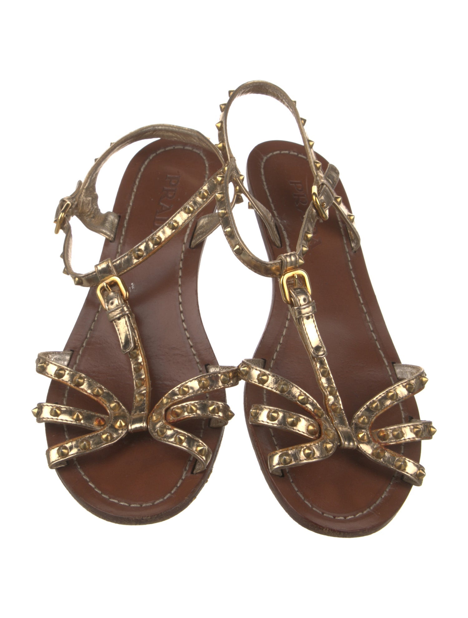 Prada Leather Studded Accents T-Strap Sandals